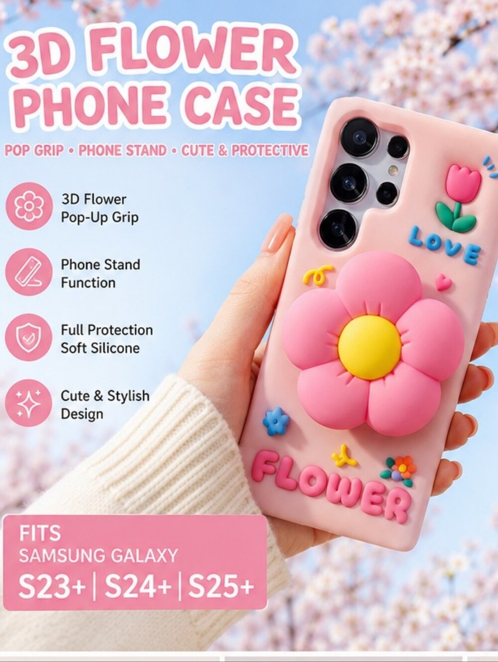 Kawaii Pink Flower Phone Case Pop Socket Stand Samsung Galaxy S23+ S24+ S25+